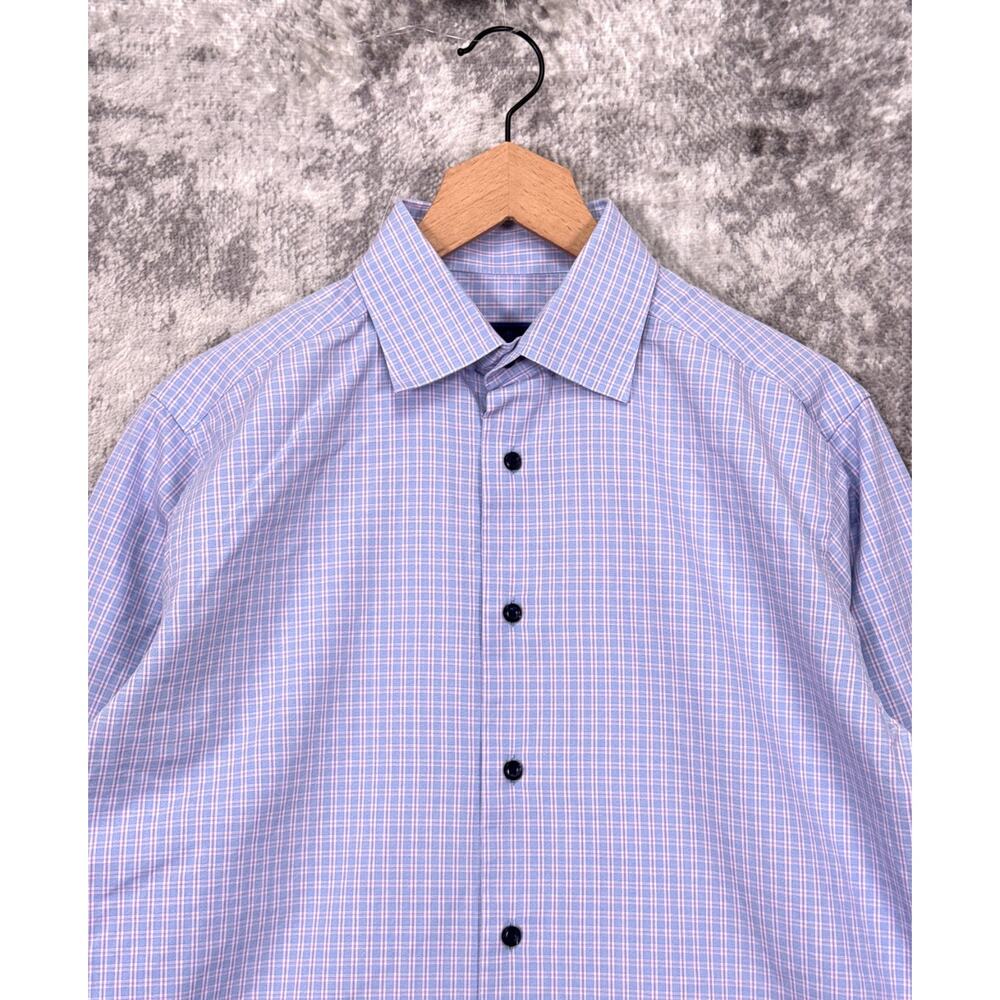 David Donahue Trim Fit Dress Shirt 16 Mens Blue Check Plaid 34/35